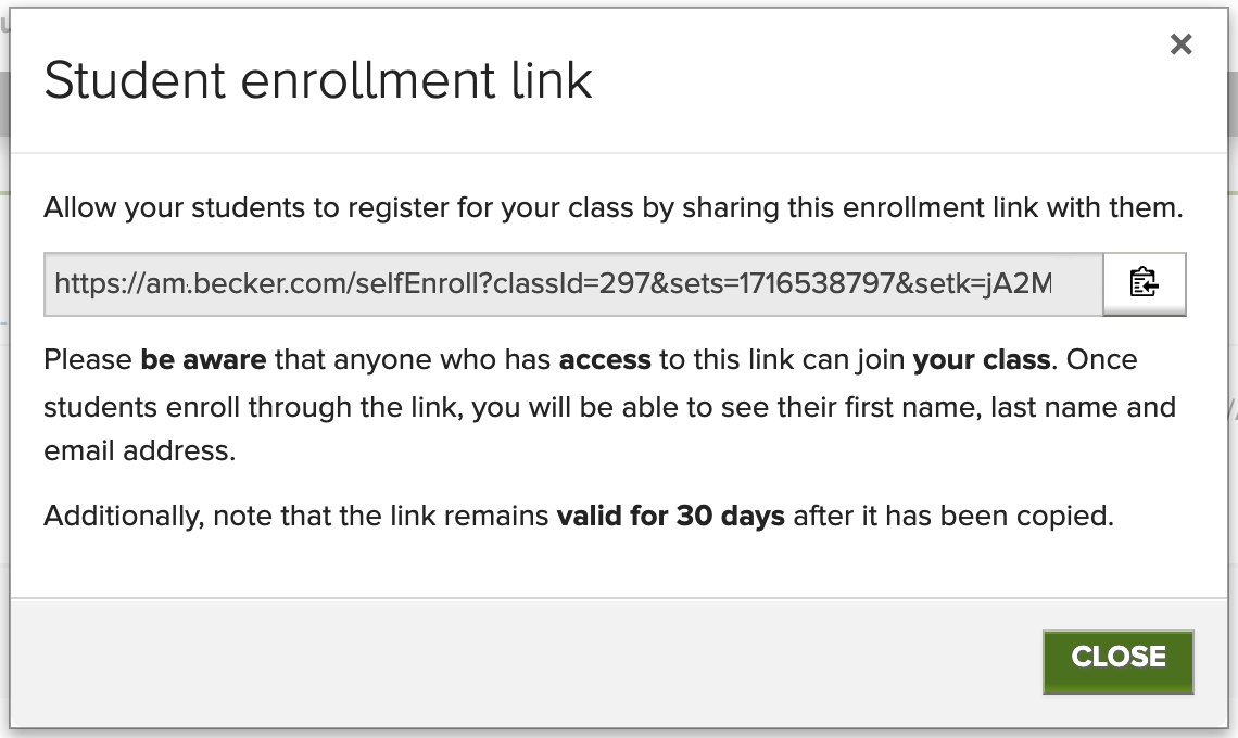 Student enrollment link